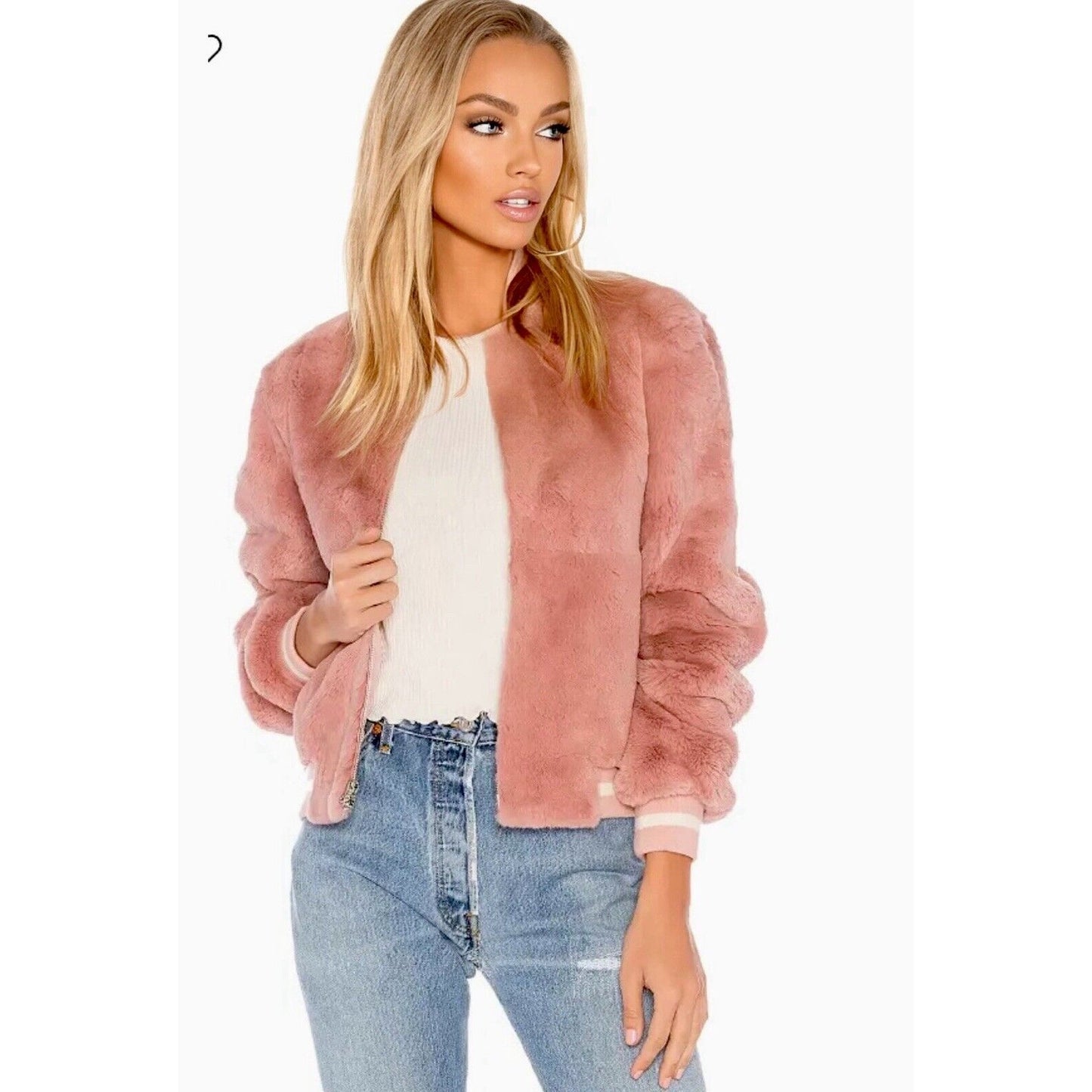 Elizabeth &James Luxe Pink Dahlia Rabbit Fur Banded Jacket Front Zip Pockets L