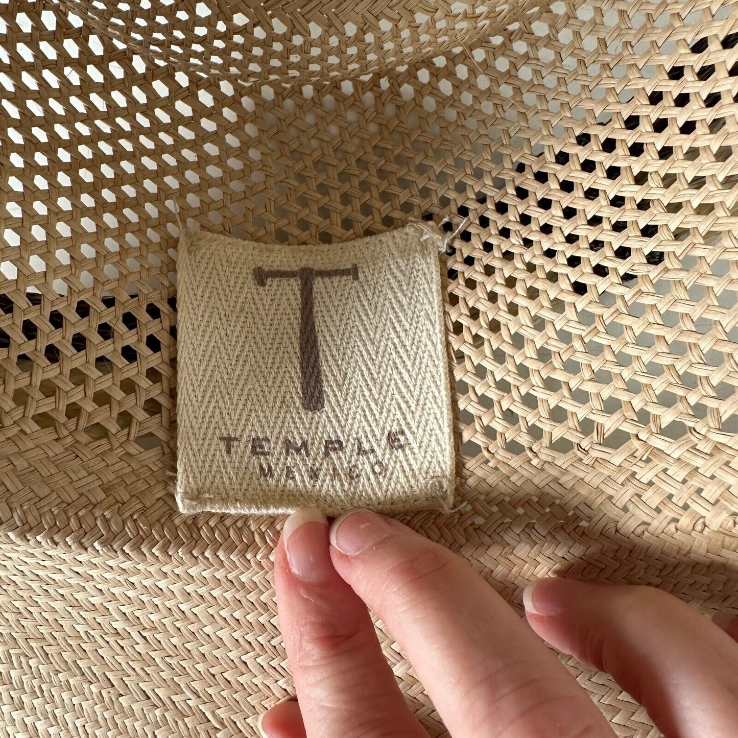 Temple Tan & Brown Basket Weave Rattan Wide Brim Hat Embellished Dark Brown Band