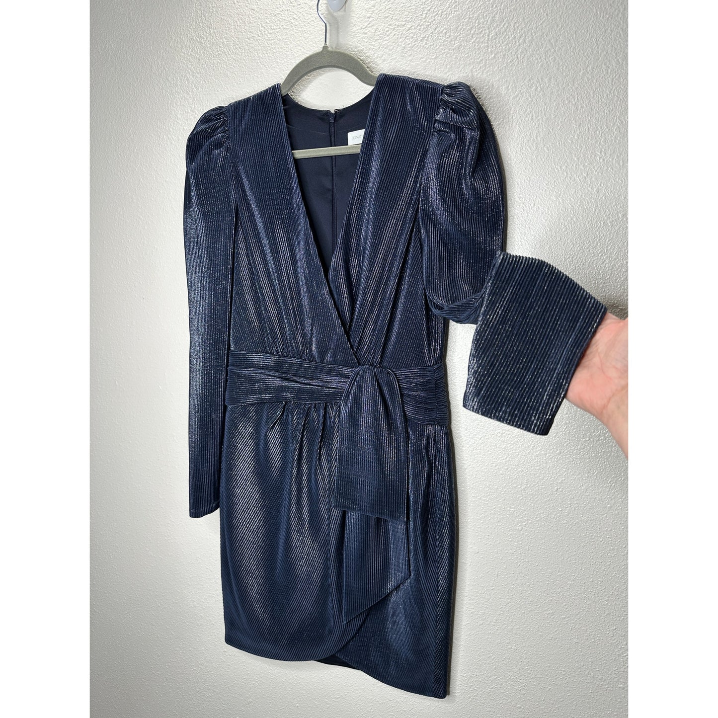 NWT Jonathan Simkhai Navy Metallic Striped Puff Shoulder Tie Waist Dress 2