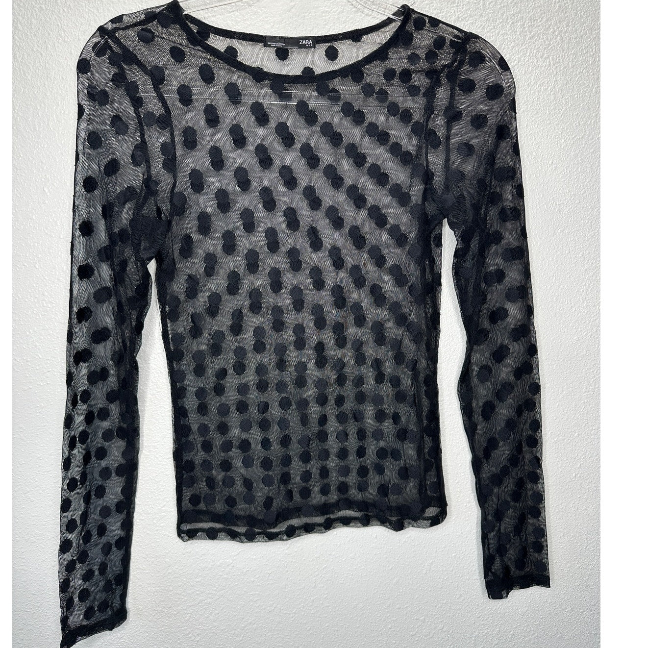 Zara Black Sheer Mesh Polka Dot Long Sleeve round Neck Top Small