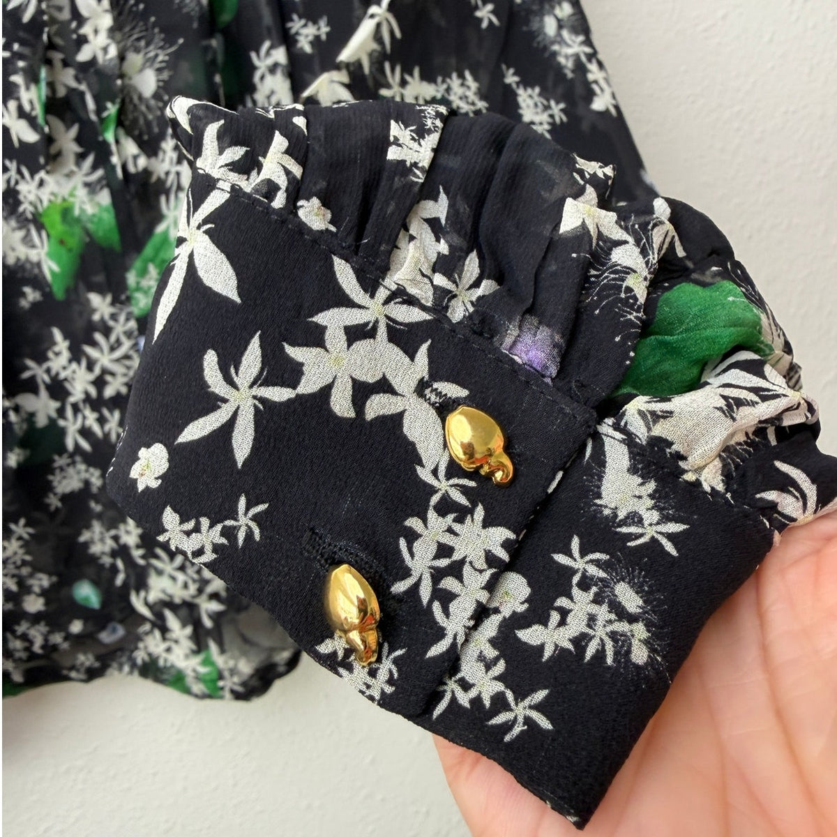 Isolda Silk Floral Tie Neck Sheer Blouse Black Green Women's US M