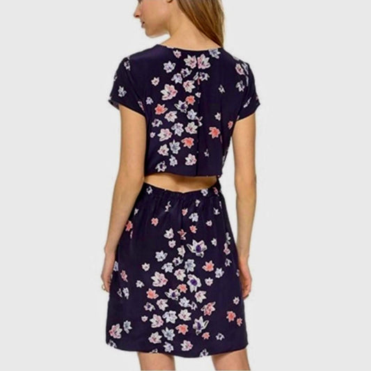 Club Monaco Ruth 100% Silk Navy Floral Open Back Dress pink blue 00