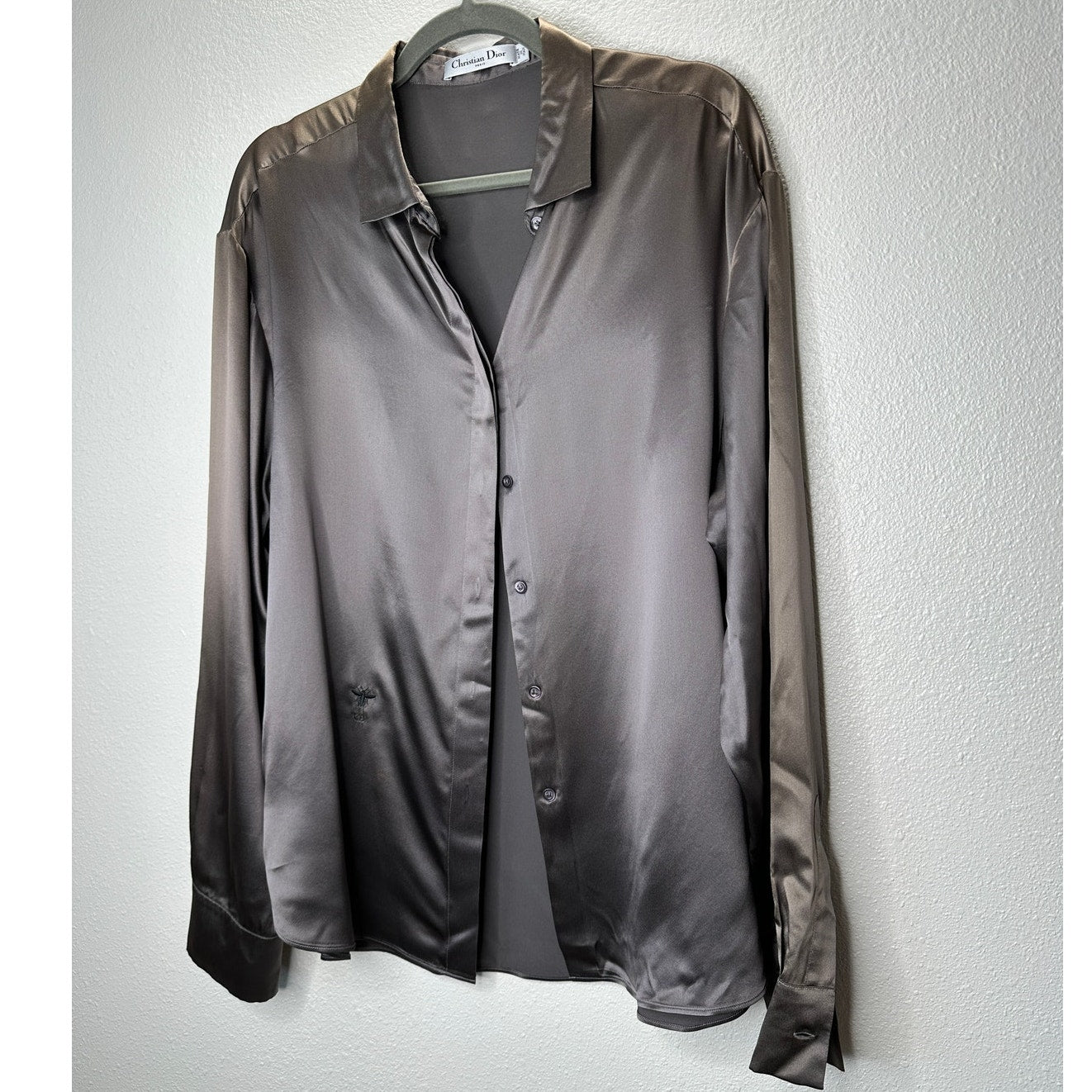 Christian Dior 100% Silk Taupe Brown Multi-Tonal Shimmer Button Blouse 14
