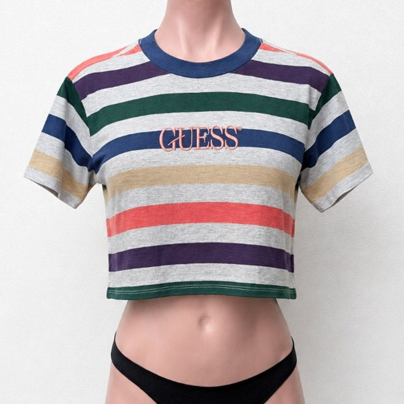 Guess Originals 1981 Gray Multi-Color Stripe Short Sleeve Crop Guess Logo SP