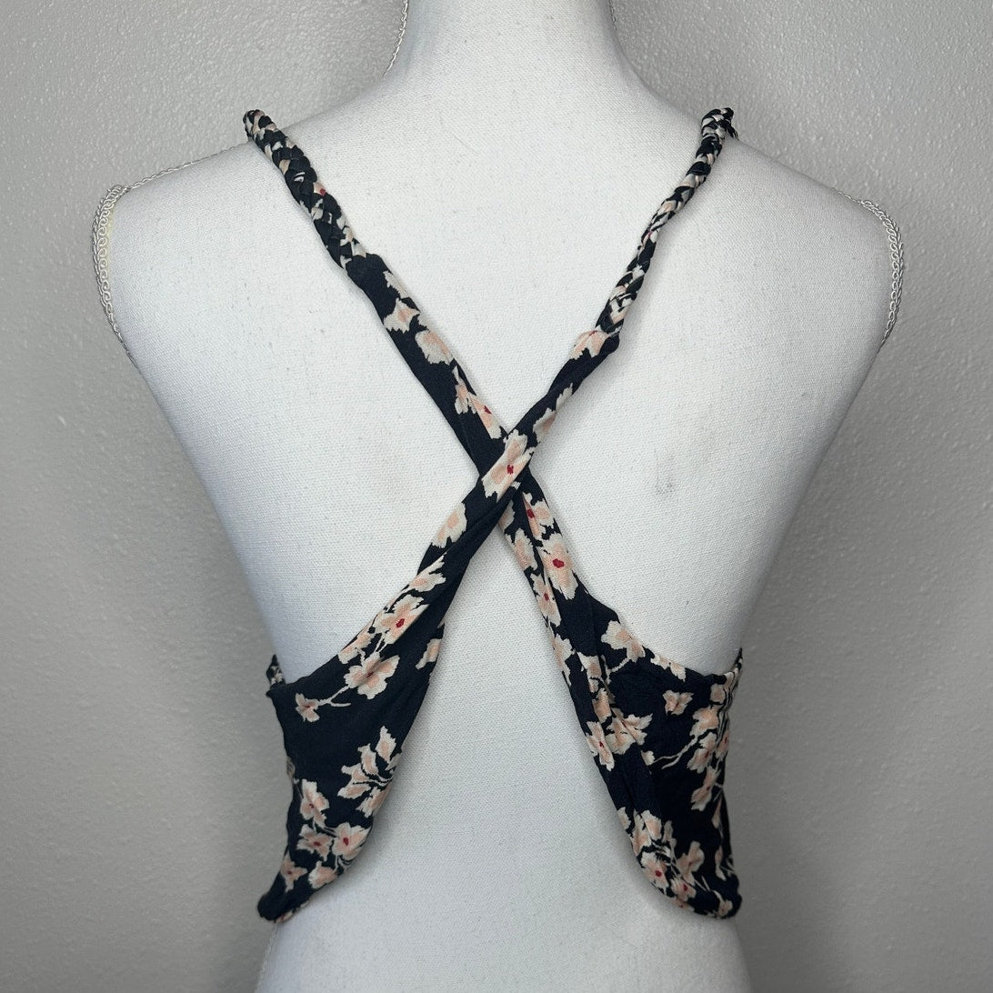 Boho Floral Braided Twist Back Tank Top XS Black Peach Cream Linen Summer Look