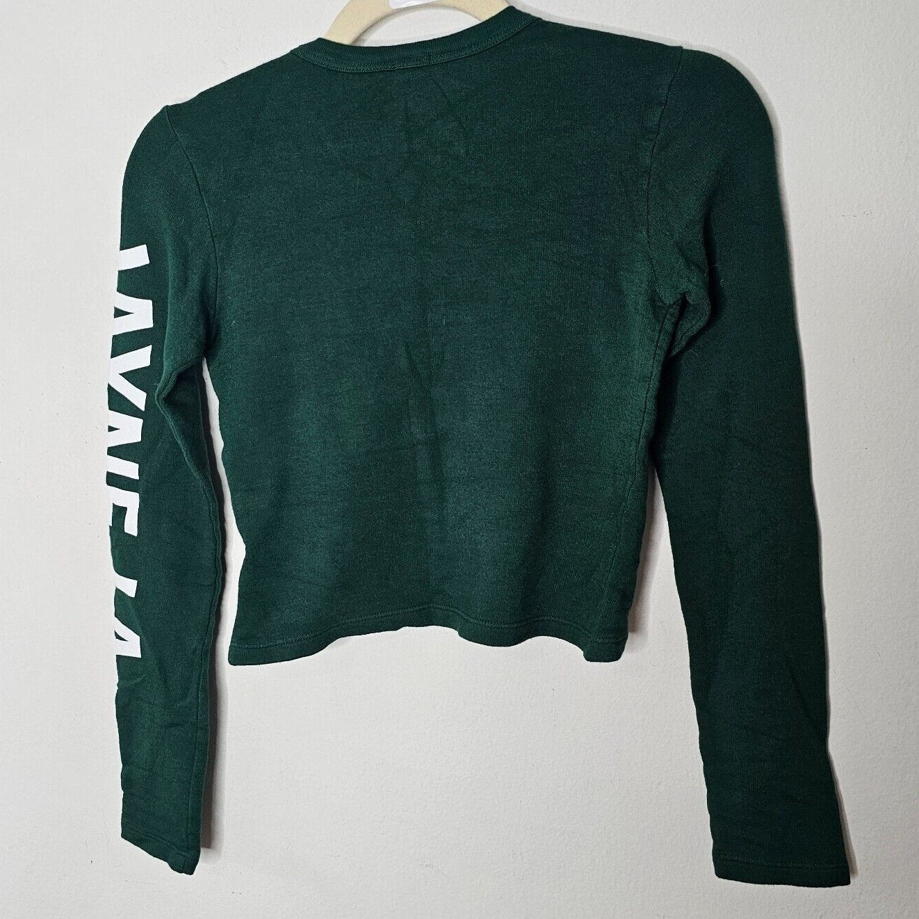 NWOT Monrow Green Faux Wrap Long Sleeve JAYNE.LA Graphic Crop Sweater Small
