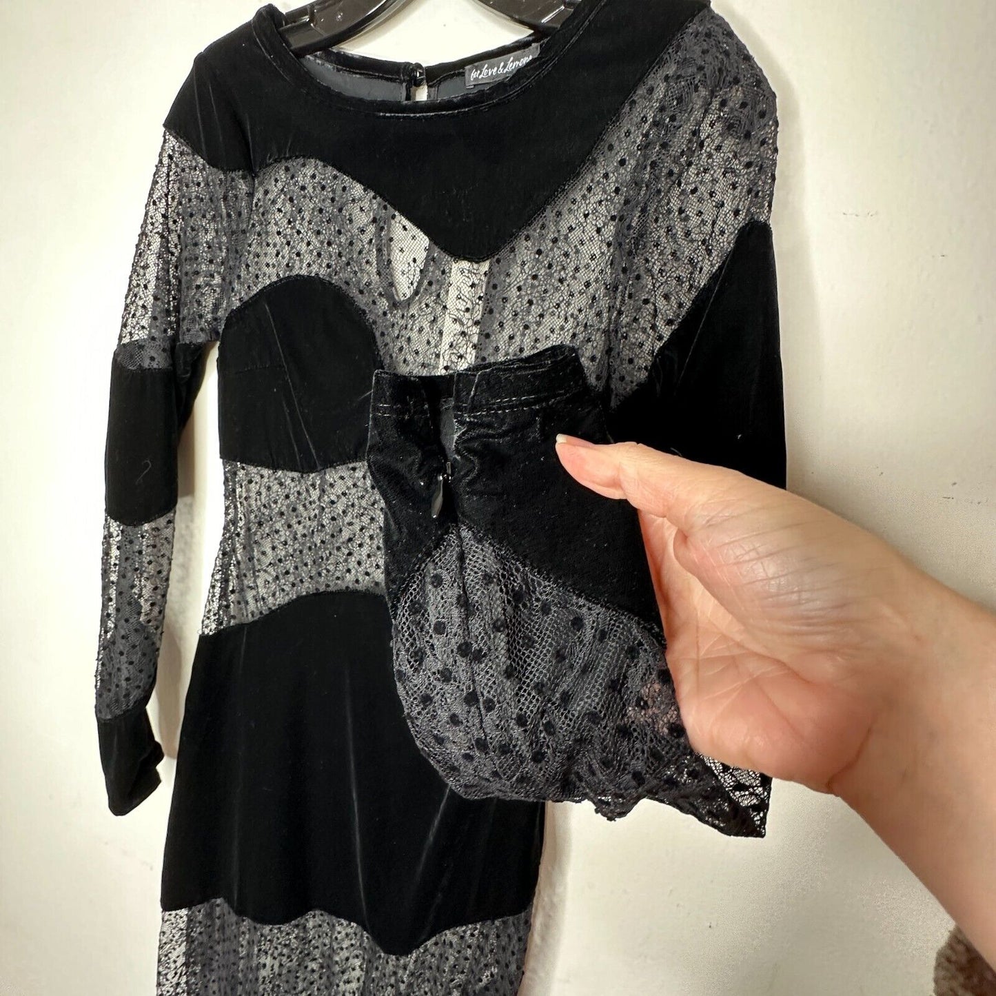 For Love & Lemons Carolyn Sheer Black Velvet Wavy-Flock Dot Lace Panel Dress XS