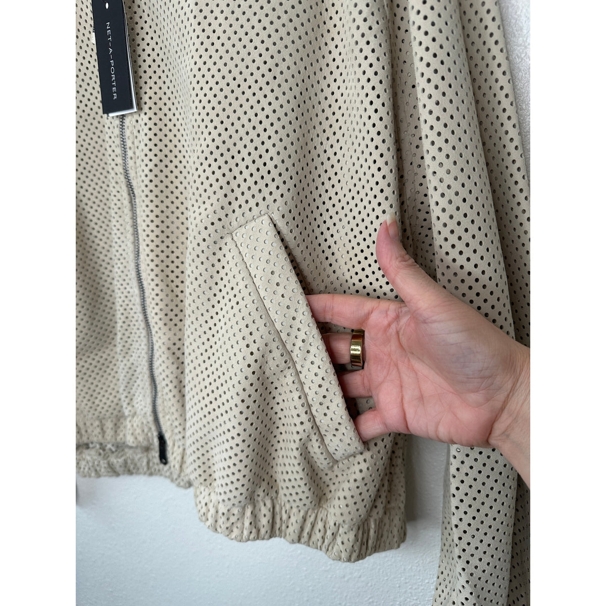 NWT Brunello Cucinelli Tan Cream Laser Cut 100% Leather Bomber Jacket 48 / XL