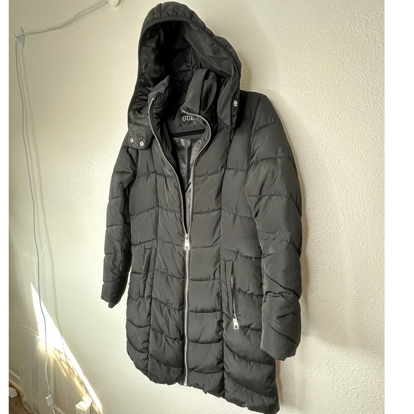 Guess Black Long Line Front Zip Hooded Puffer Jacket S