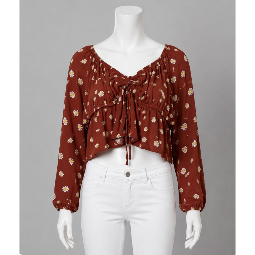 PACSUN Rust Brown with Floral White Yellow Off Shoulder Crop Peasant Top Medium