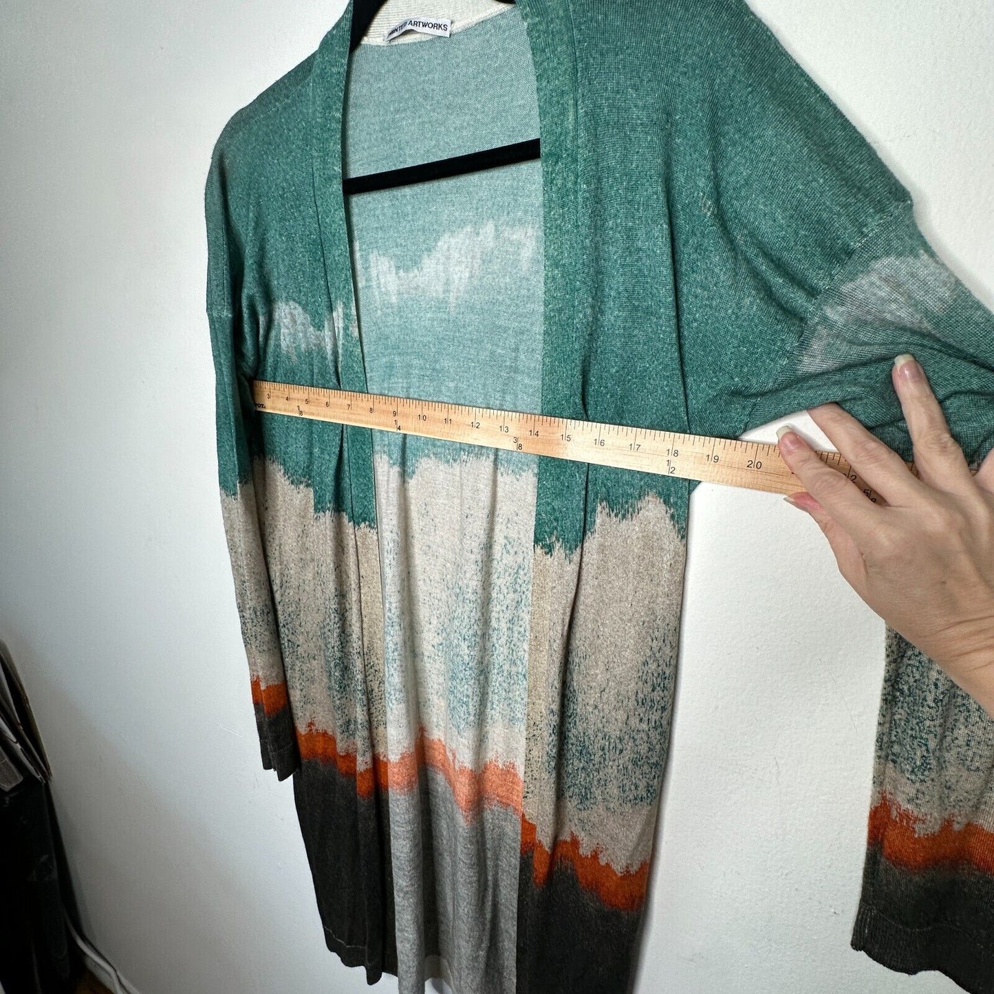 Printed Artworks Cashmere Silk Teal Tan Brown Orange Stripe Long Cardigan Small