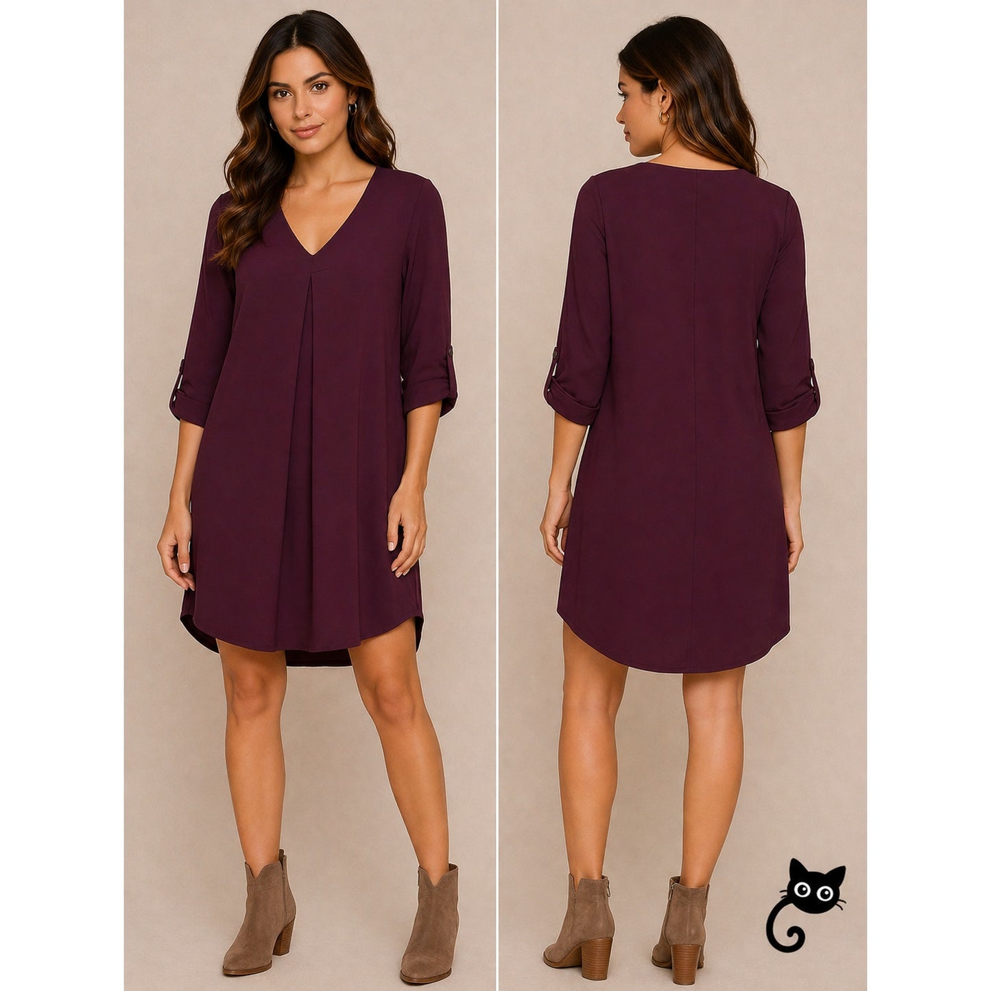Lush Inverted Pleat V-Neck Plum Drapey Shirt Tail Dress 3/4 Tab Sleeves XS