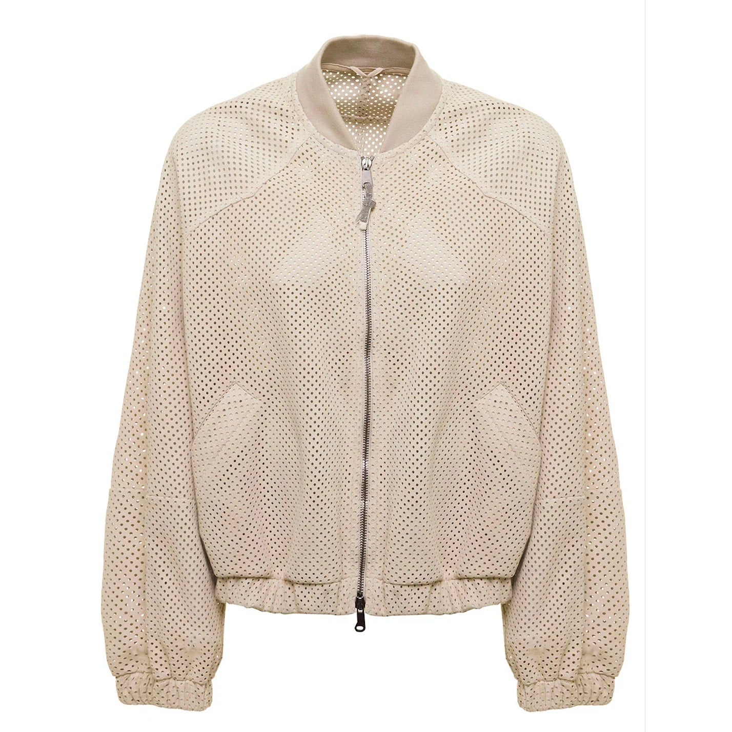 NWT Brunello Cucinelli Tan Cream Laser Cut 100% Leather Bomber Jacket 48 / XL