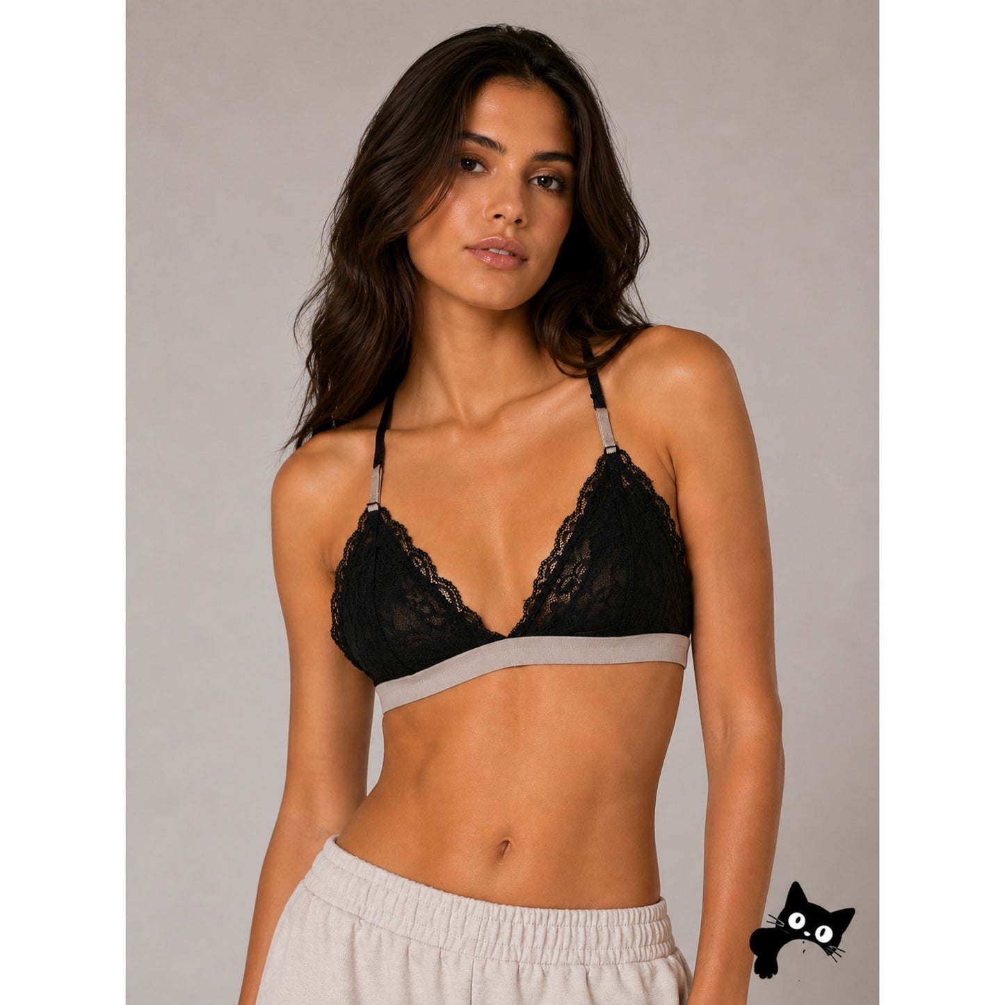 Black With Nude Edging Triangle Lace Bralette Adj Straps Hook & Eye Close Large