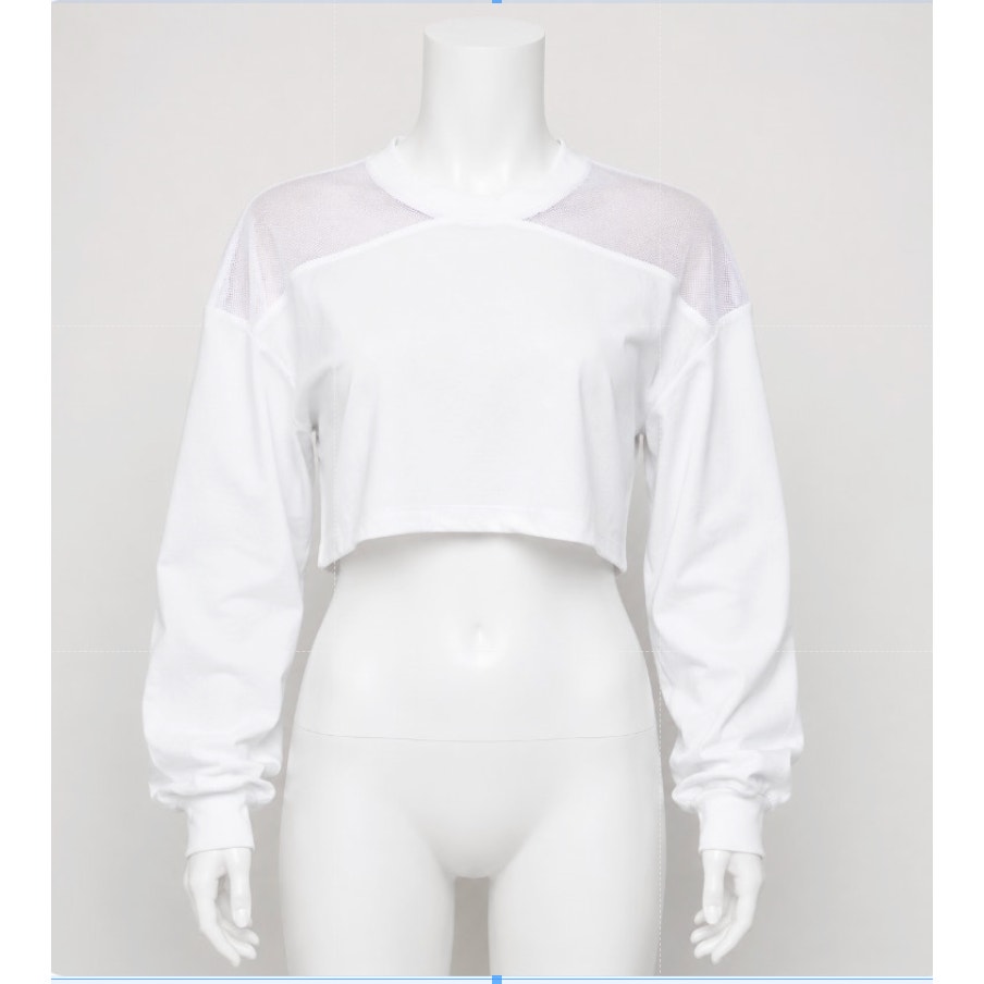 NWT Kendall & Kylie White Mesh Shoulder Raw Hem Long Sleeve Crop Blouse S
