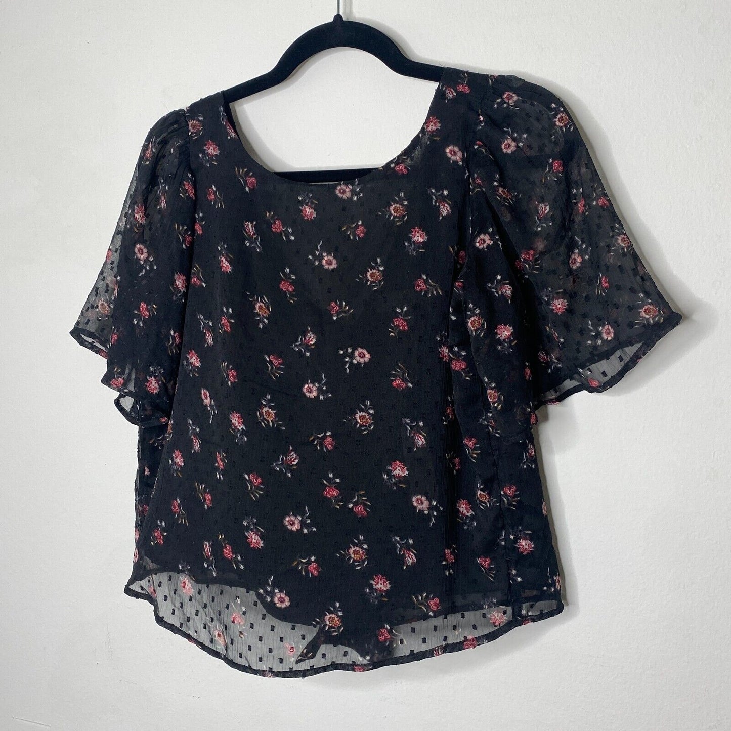 Loft Cute Black Floral Print Round Neck Short Sleeve V-Back With Ties Blouse XXS