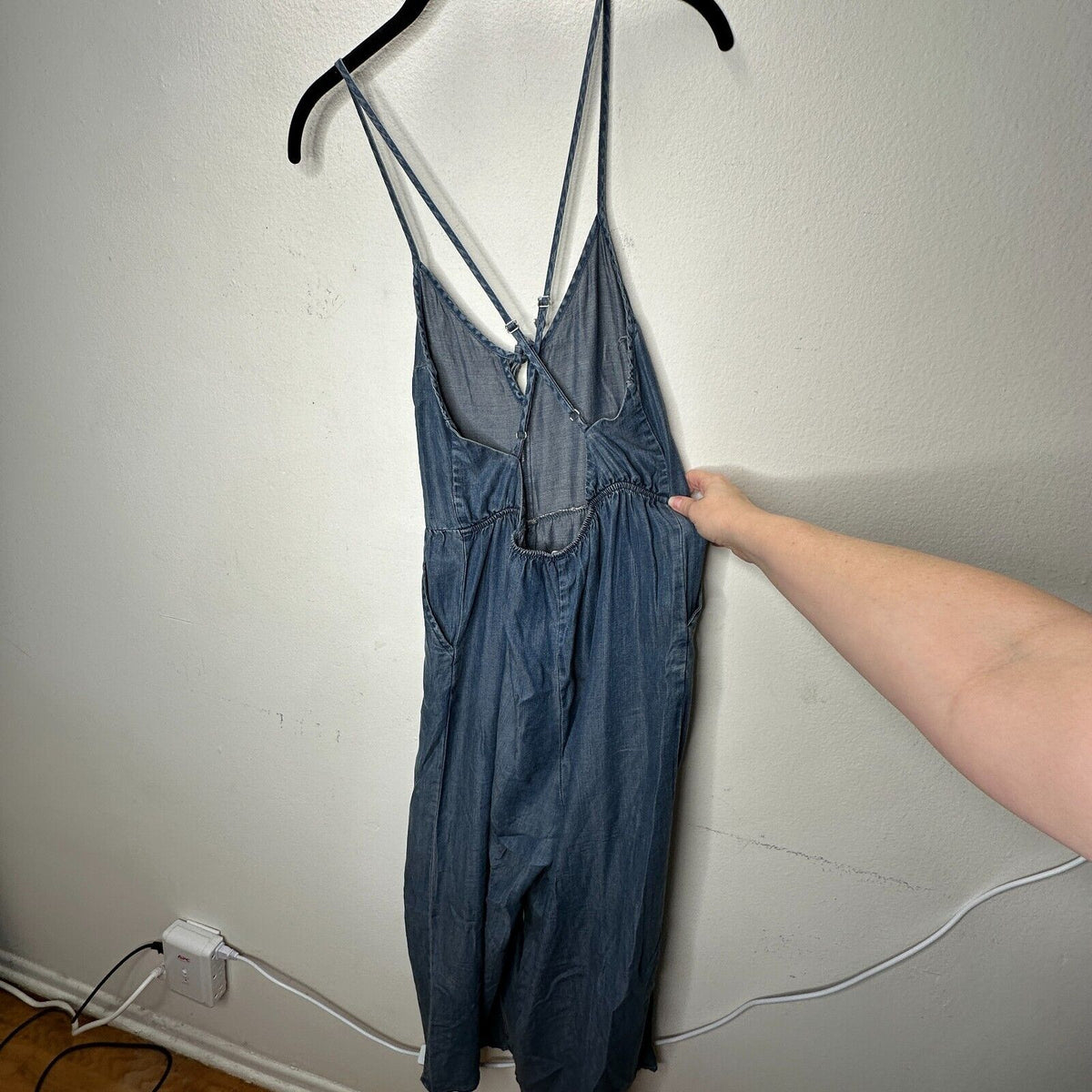 Lovestitch Medium Wash Blue Wide Leg Spaghetti Strap V-Neck Front Tie Jumpsuit S