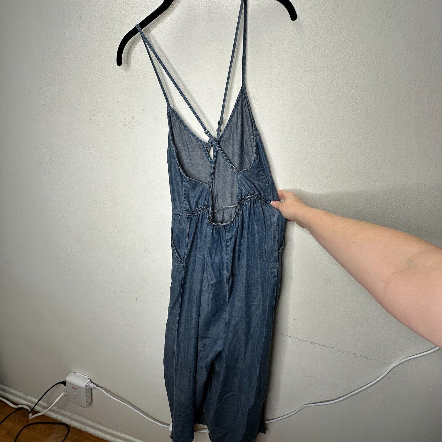 Lovestitch Medium Wash Blue Wide Leg Spaghetti Strap V-Neck Front Tie Jumpsuit S