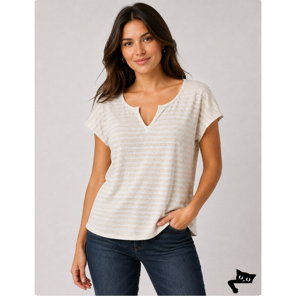 Old Navy Cream and White Striped V-Split Neck Tee Blouse Capped Sleeve Small