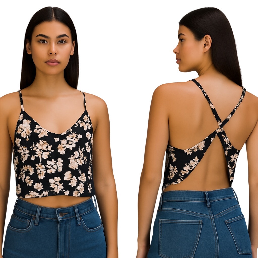 Boho Floral Braided Twist Back Tank Top XS Black Peach Cream Linen Summer Look