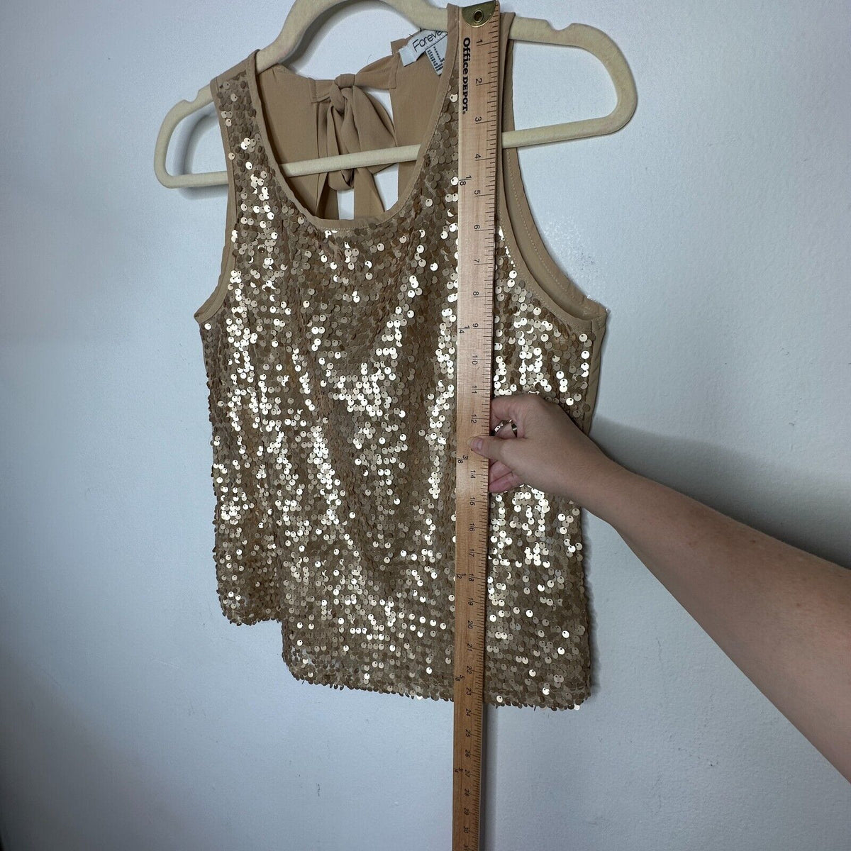 Night Out Copper Metallic Gold Sequin Sleeveless Open Back Tie Tank Blouse S