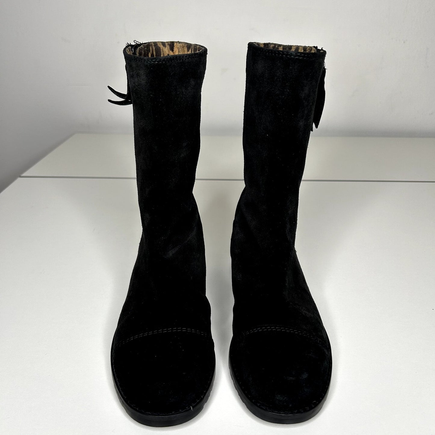 Stuart Weitzman Black Suede Mid-Calf Boots Cheetah Print Round Toe Booties 4