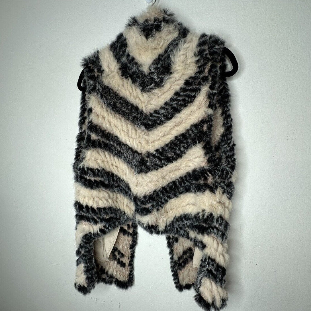 Marc by Marc Jacobs Cream Black Striped Knitted Soft Rabbit Fur Pocket Vest OS