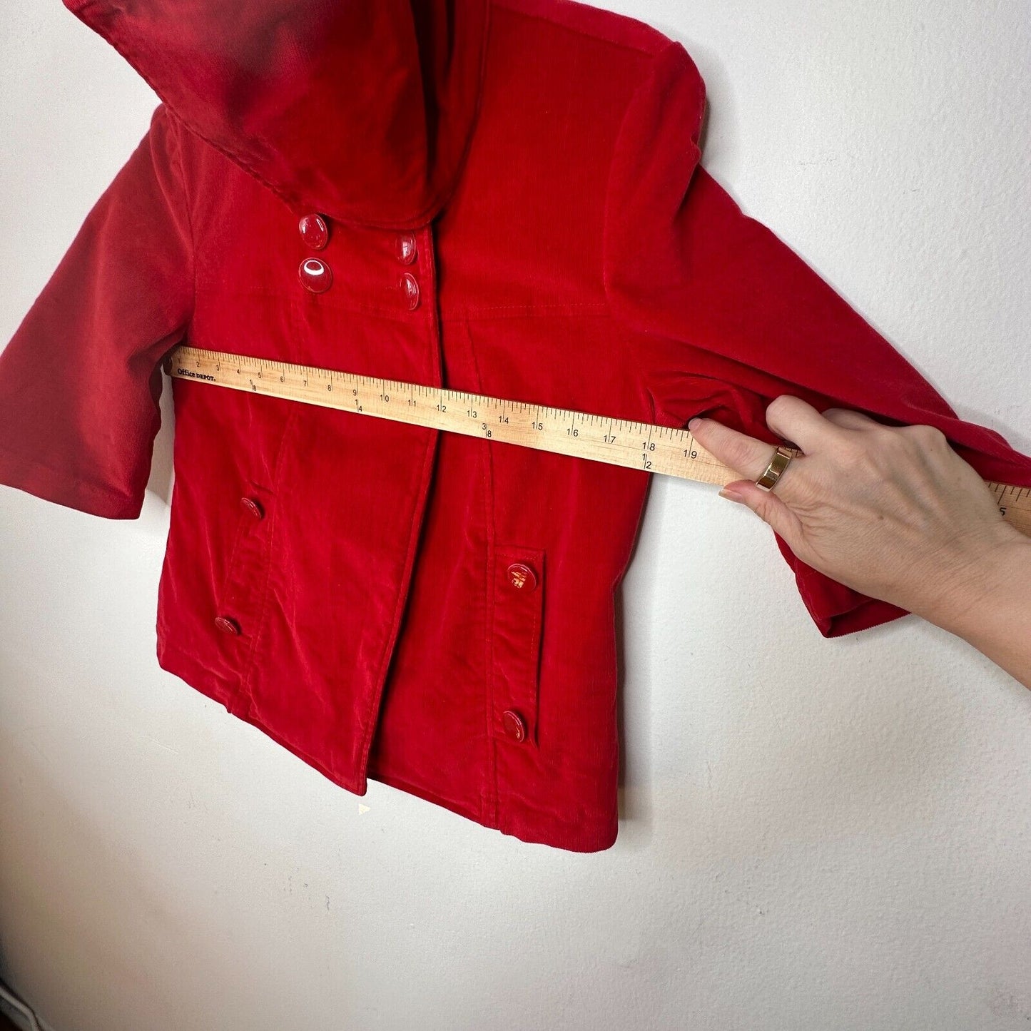 Tulle Red Corduroy Turquoise Lined Foldover Collar Jacket 3/4 Sleeves S