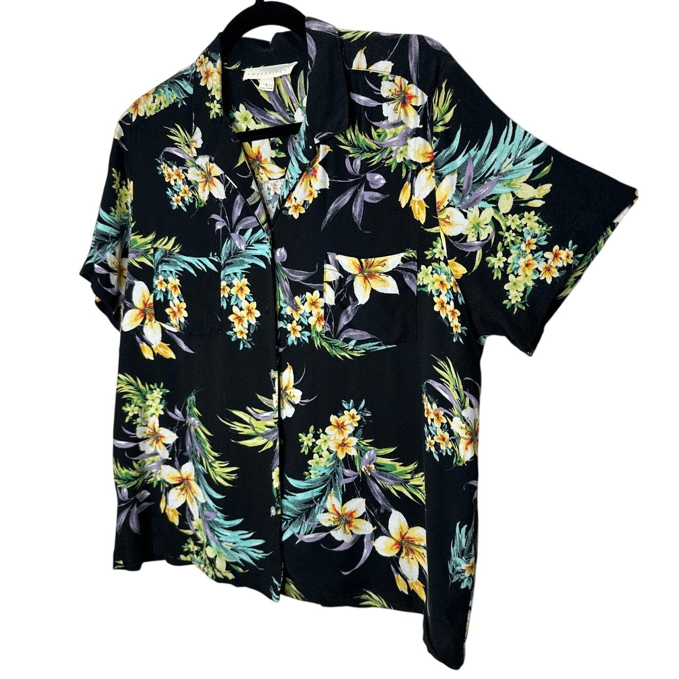 Lovestitch Black Teal Yellow Multi Color Short Sleeve Collared Button Hawaiian Shirt L