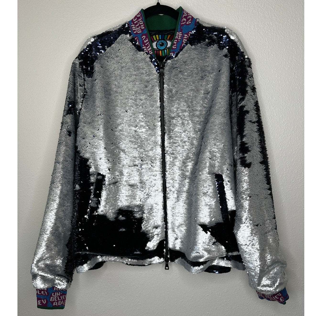 Libertine Silver Black Reversible Sequin Front Zip Long Sleeve Bomber Jacket XL