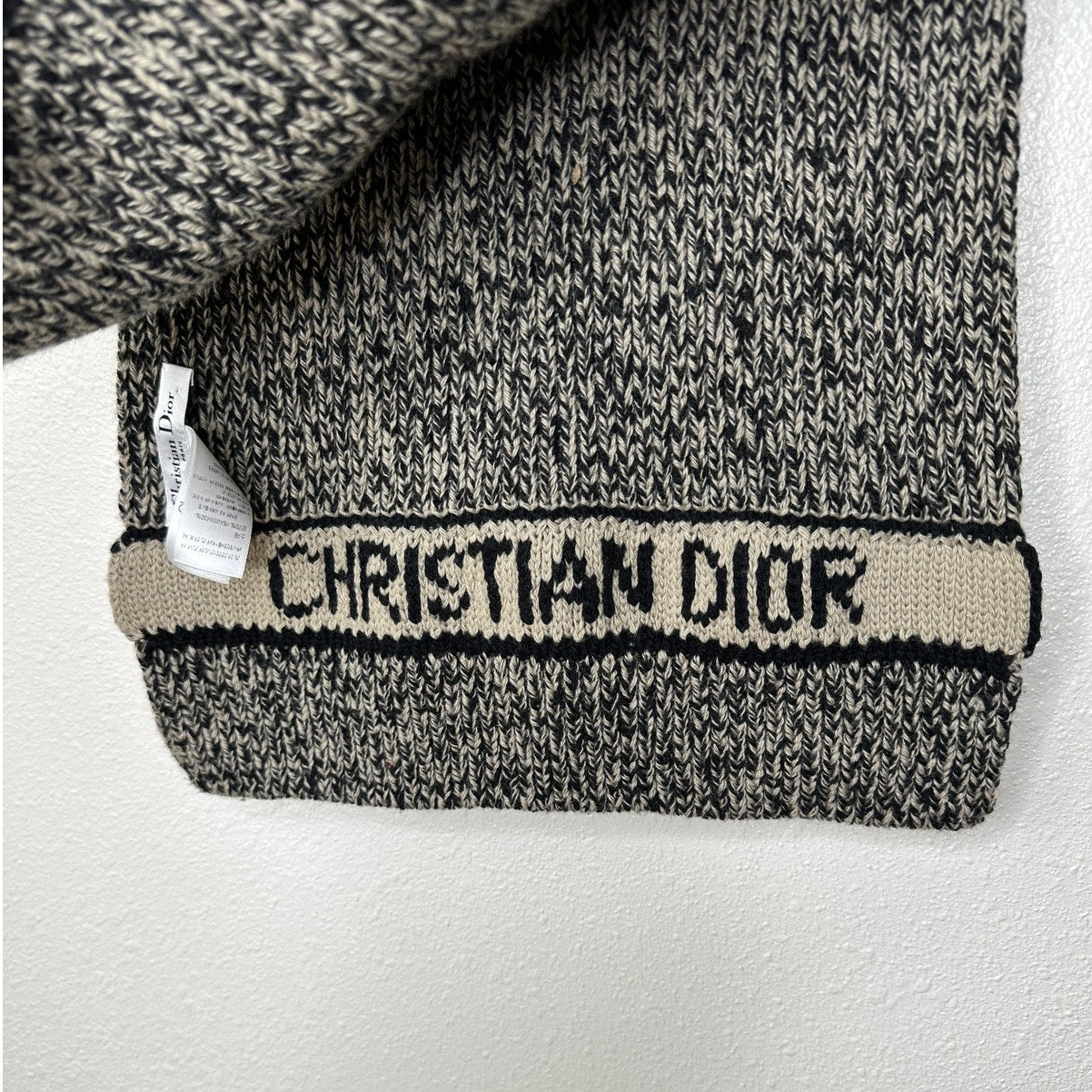 Christian Dior Beige & Black Marled Thick Knit Wool Cashmere Blend Scarf