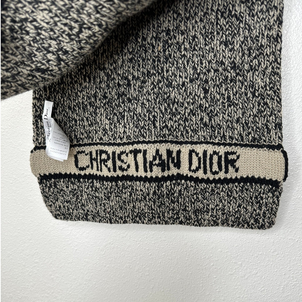 Christian Dior Beige & Black Marled Thick Knit Wool Cashmere Blend Scarf