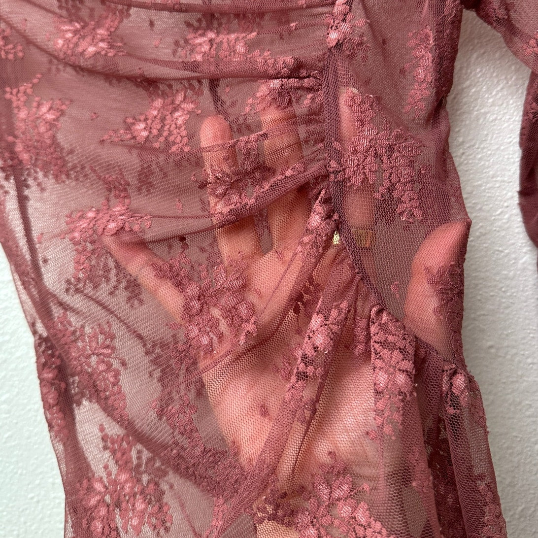 Free People Mauve Sheer Ruched Lace Top XS
