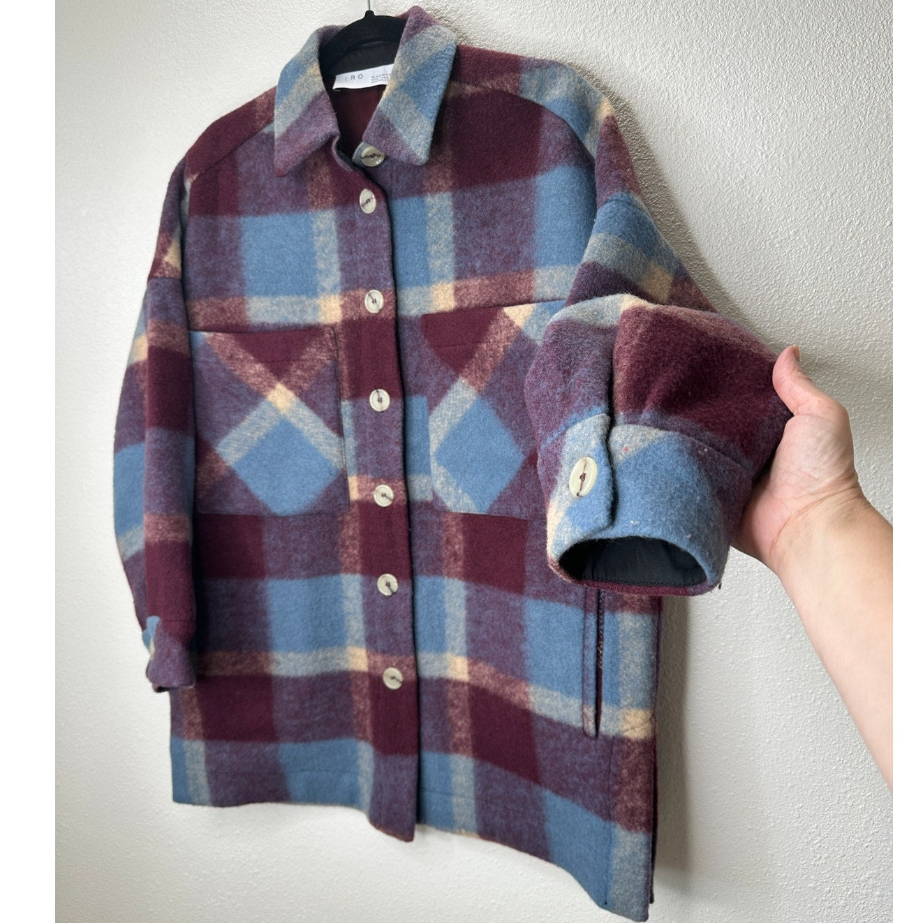 IRO Backpaip Mixed Blue & Burgundy Plaid Long Sleeve Wool Blend Coat L