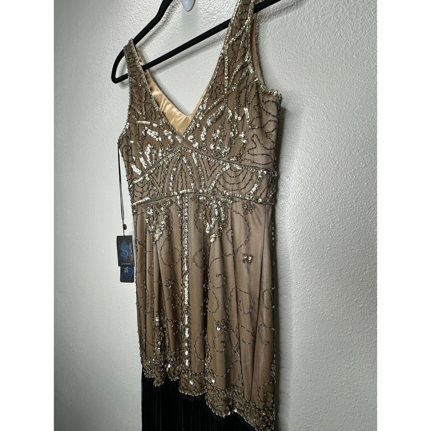NWT Sue Wong Beaded Gold Mesh Top Black Fringe Bottom Evening Dress 8