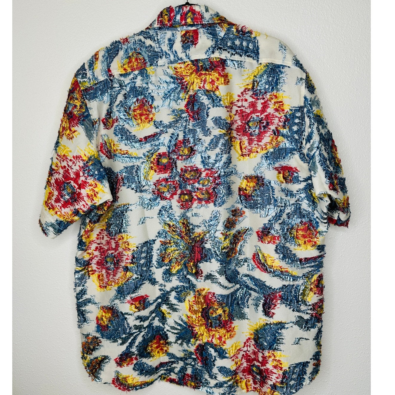 Libertine Cream Red Blue Gold Metallic Embroidered Button Down Short Sleeve Shirt L