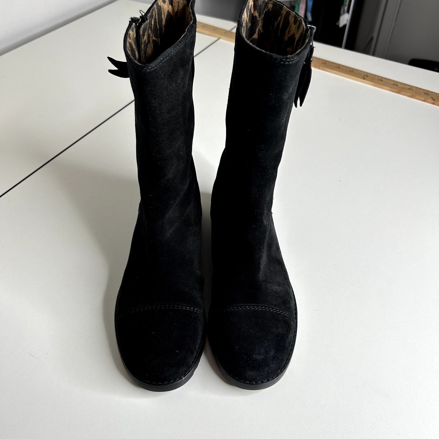 Stuart Weitzman Black Suede Mid-Calf Boots Cheetah Print Round Toe Booties 4