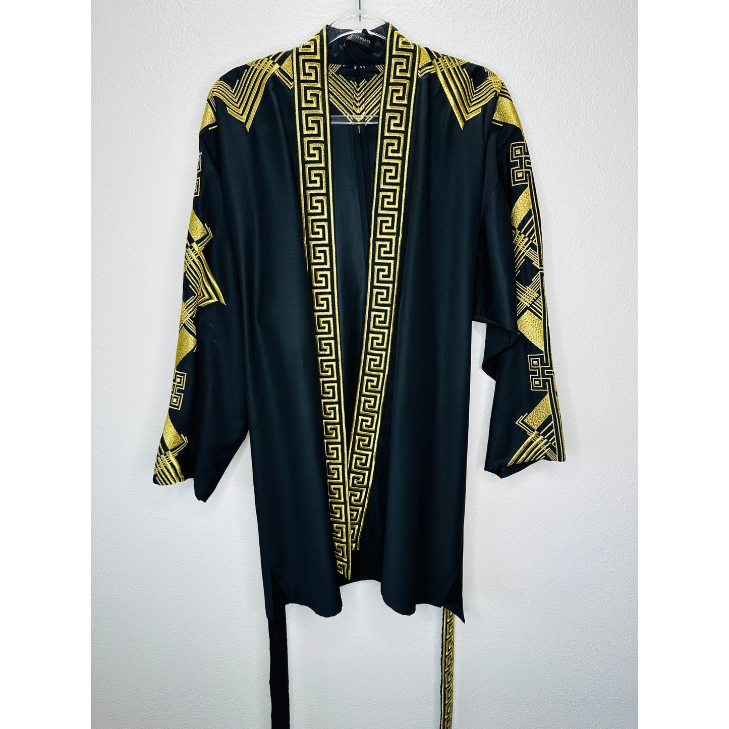 Versace Belted Gold Embroidered Black Wool Blend Kimono Jacket M
