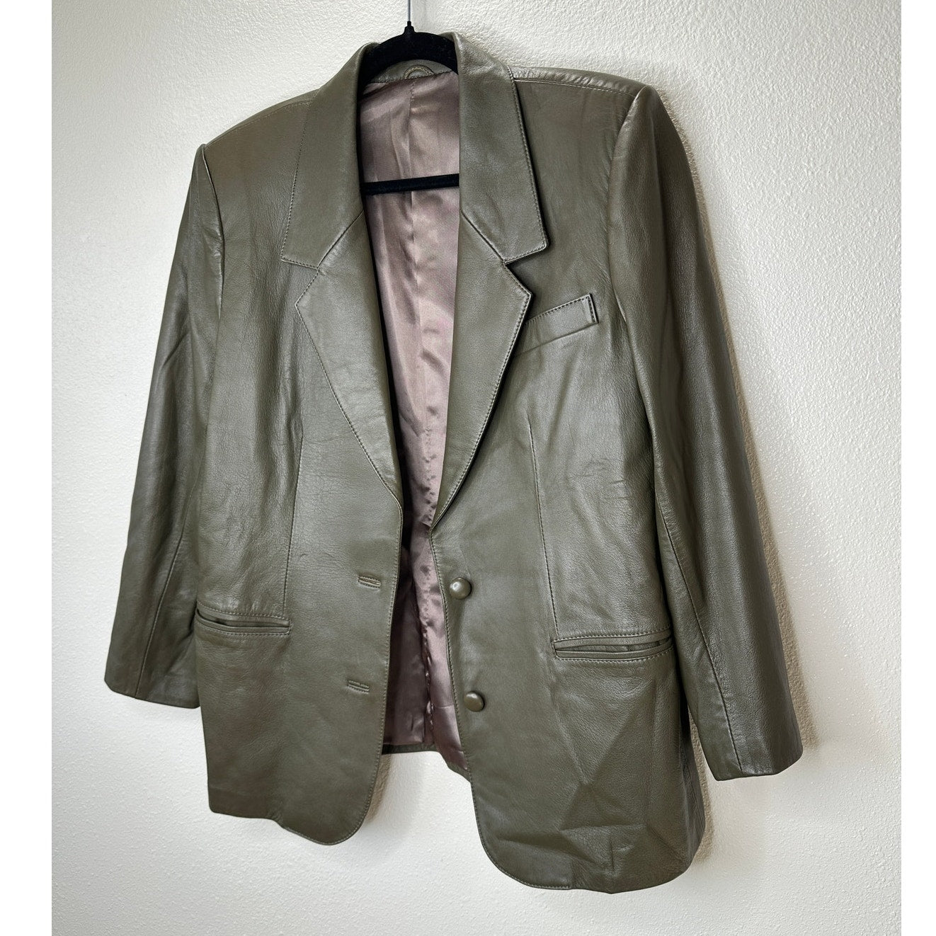 Faux Leather Green Brown Collared Front Button Blazer Jacket XL