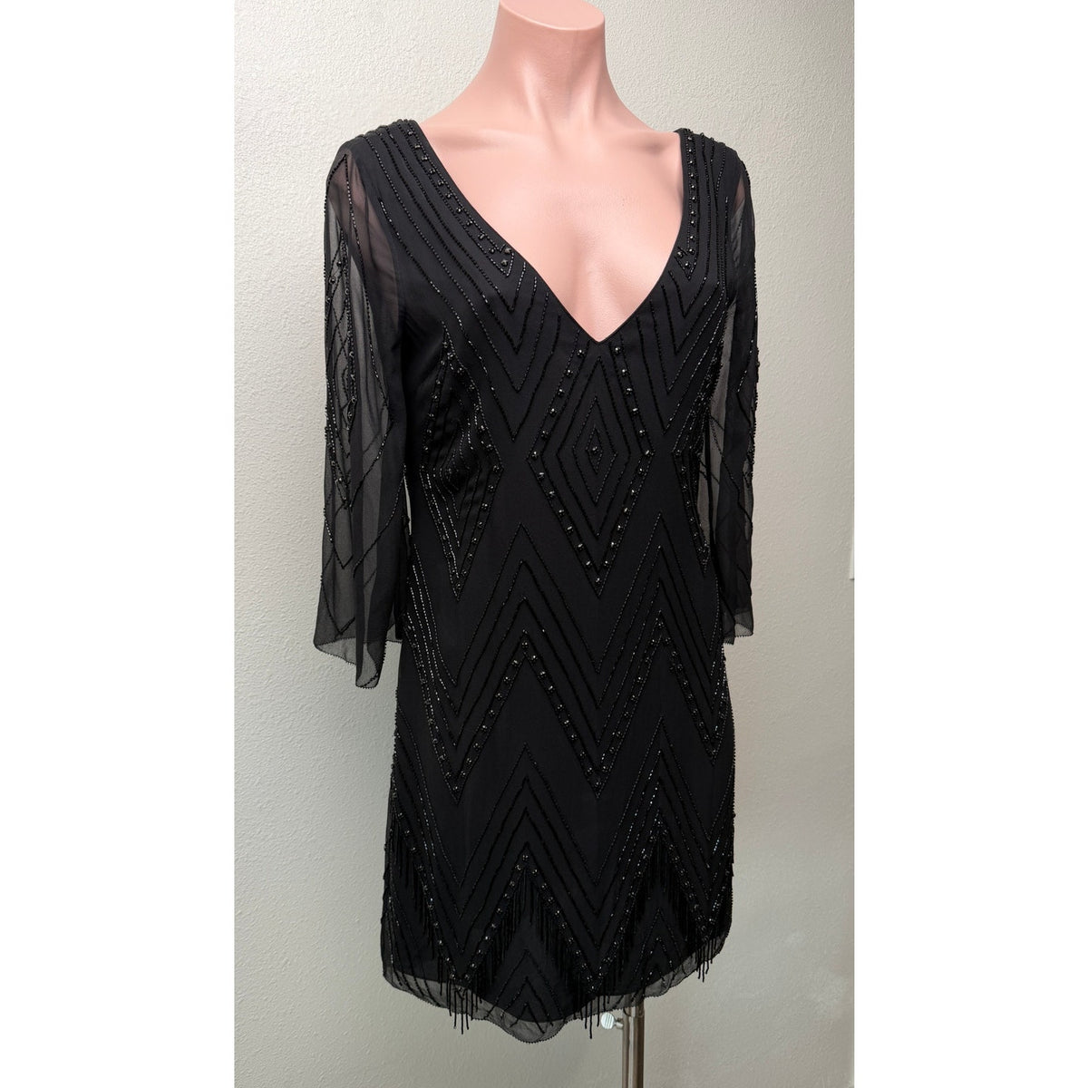 Alice + Olivia Black Beaded V Neck Mini Dress Women US 4