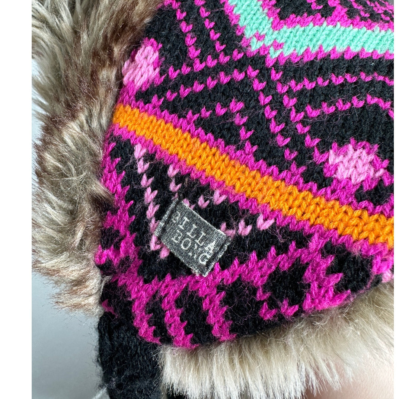 Billabong Pink Black Blue Knit with Faux Fur Trapper Hat OS