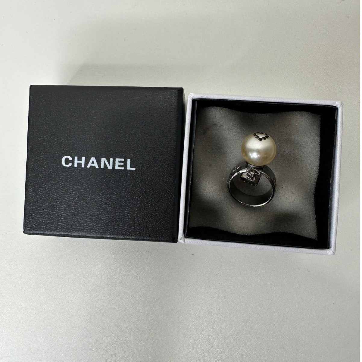 Chanel Paris Silver  Embossed Logo Pearl Crystal Heart Dangle Ring 6.5