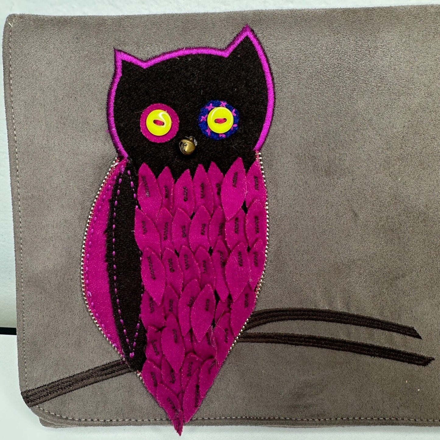 Shiraleah Mocha Suede Clutch Purse Cute Appliqué Owl Silk Zip Lining