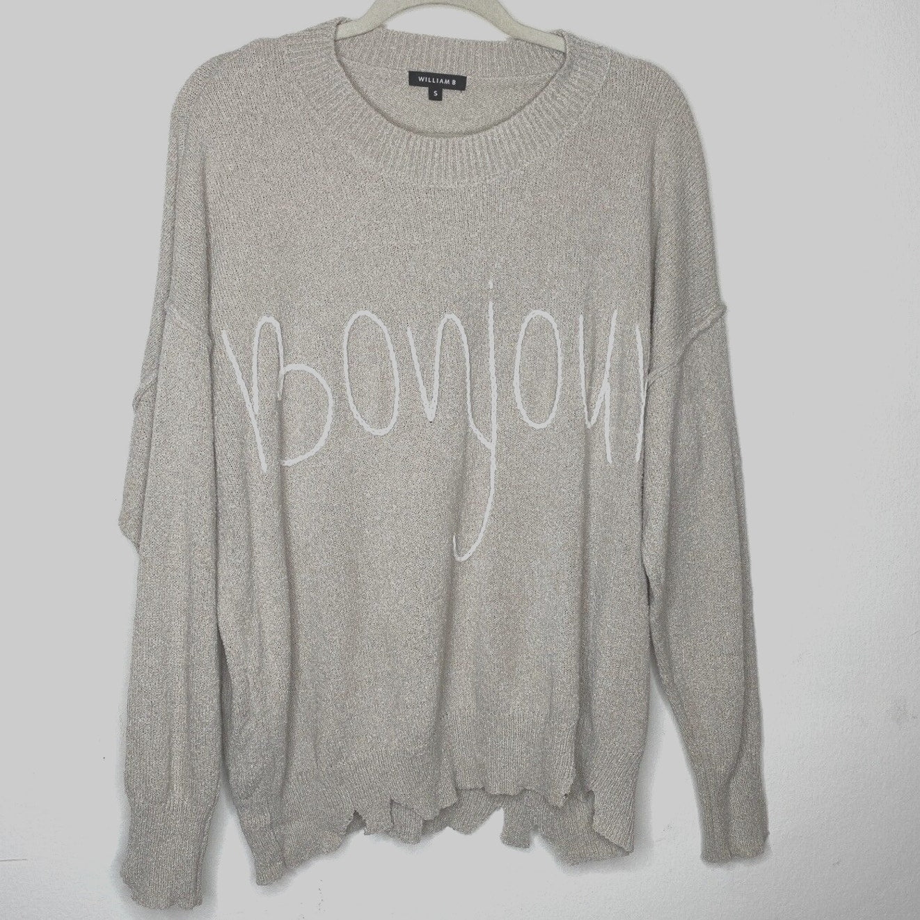 William B Taupe Bonjour Embroidered Oversize Distressed Sweater Long Sleeve S