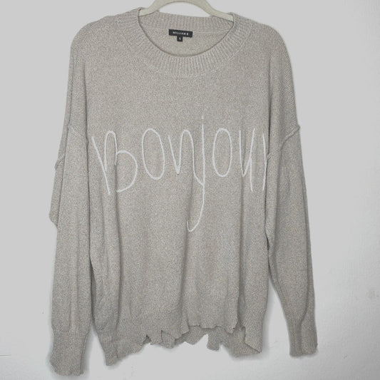 William B Taupe Bonjour Embroidered Oversize Distressed Sweater Long Sleeve S