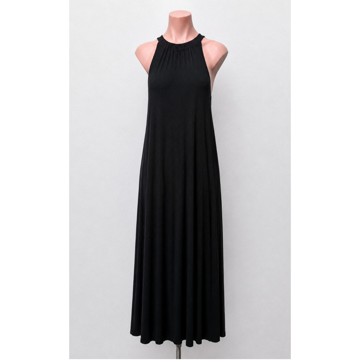 Black High Neck Plunging Sides Sleeveless Gathered Flowy Back Maxi Dress M