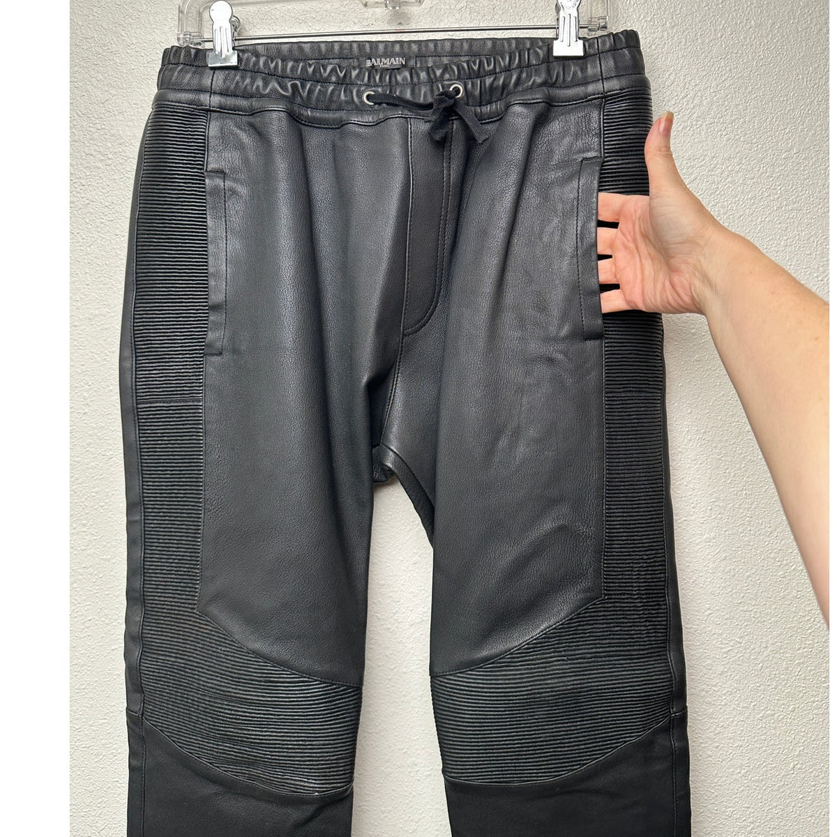 Balmain Lambskin Moto Pants Black Men’s US L Drawstring