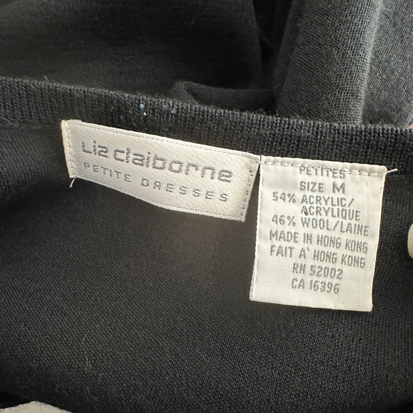 Liz Claiborne Black Henley V-Style Half Button 3/4 Sleeve Wool Dress M