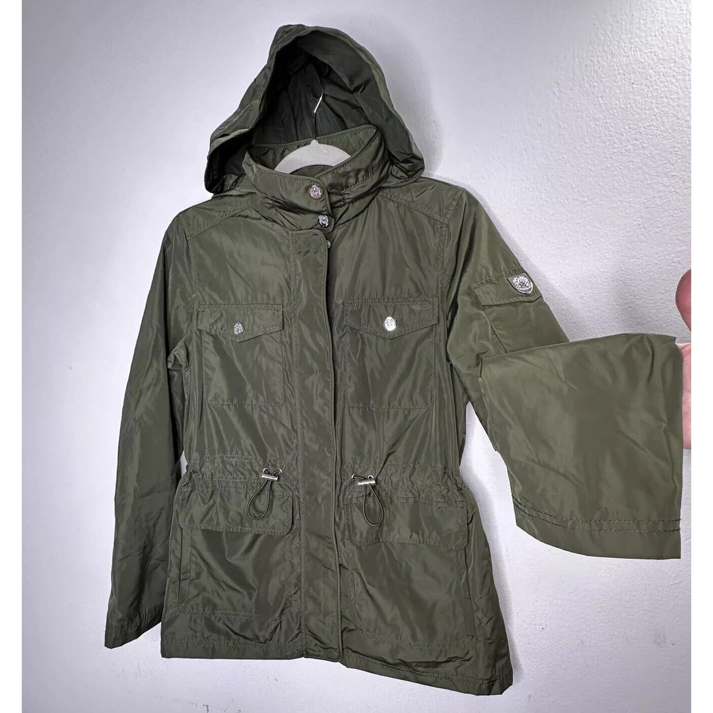 Vince Camuto Army Green Cinch Waist Zip Front Hooded Windbreaker Jacket Small