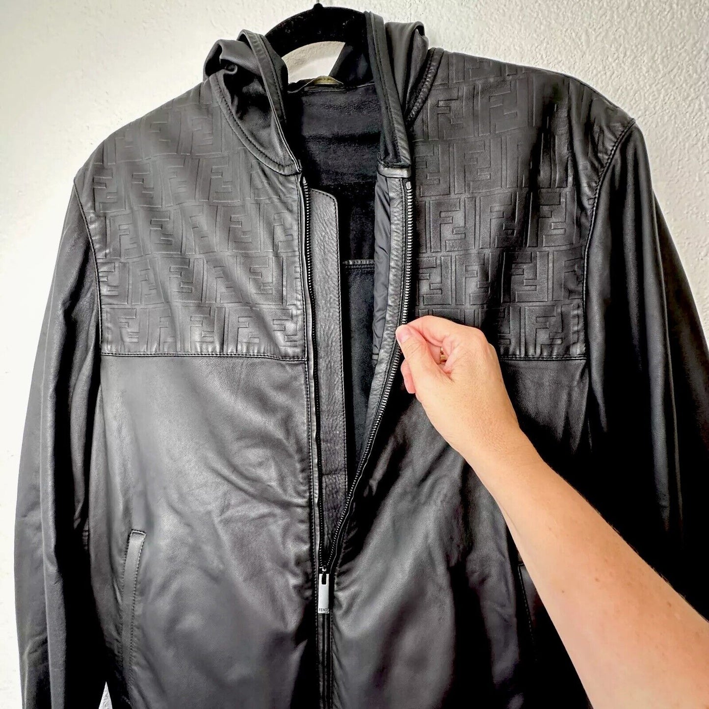 Fendi Black Soft Leather Fendi Embossed Monogram Front Long Sleeve Hooded Jacket